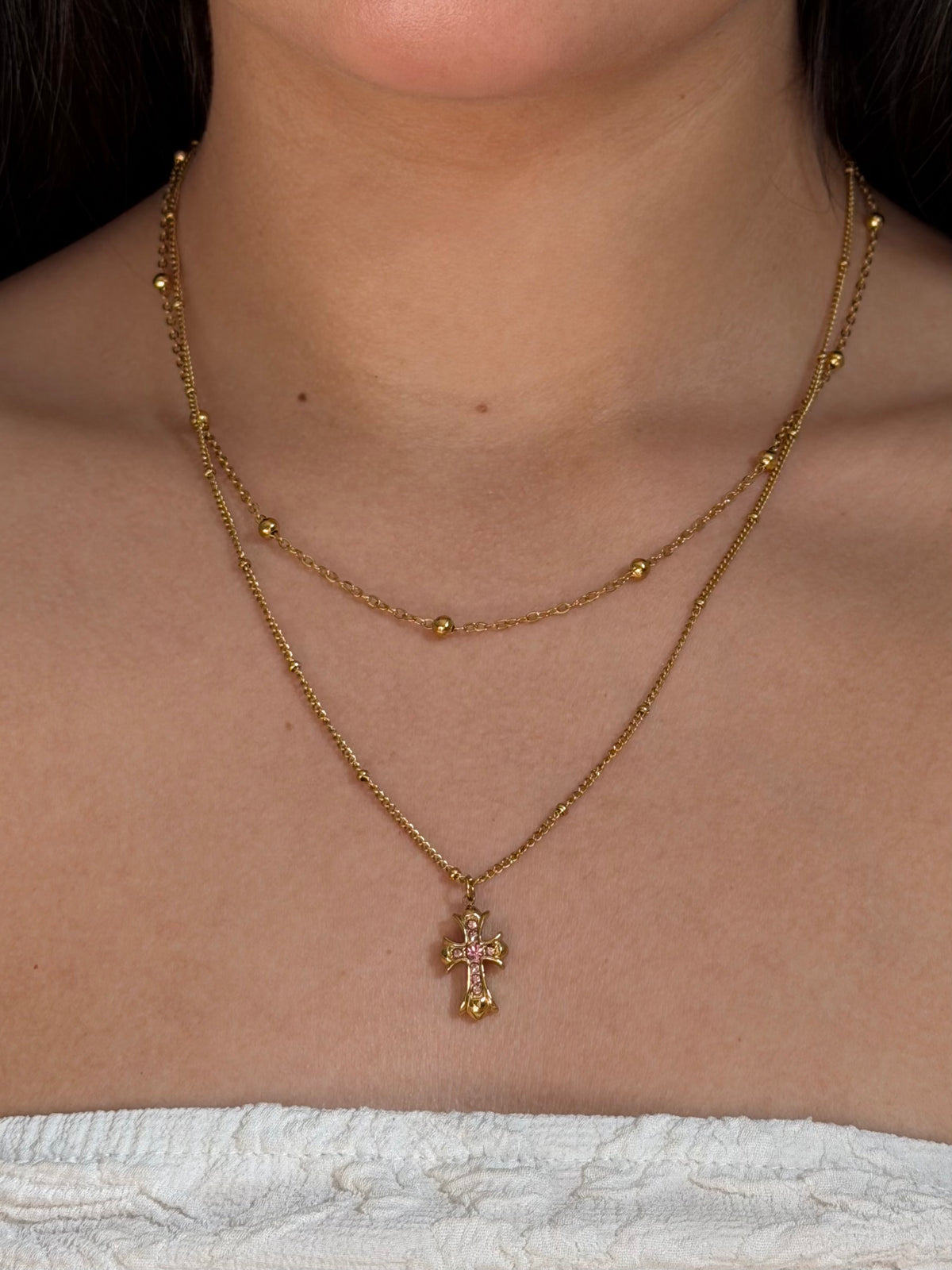 COLLAR DOBLE CRUZ ROSA