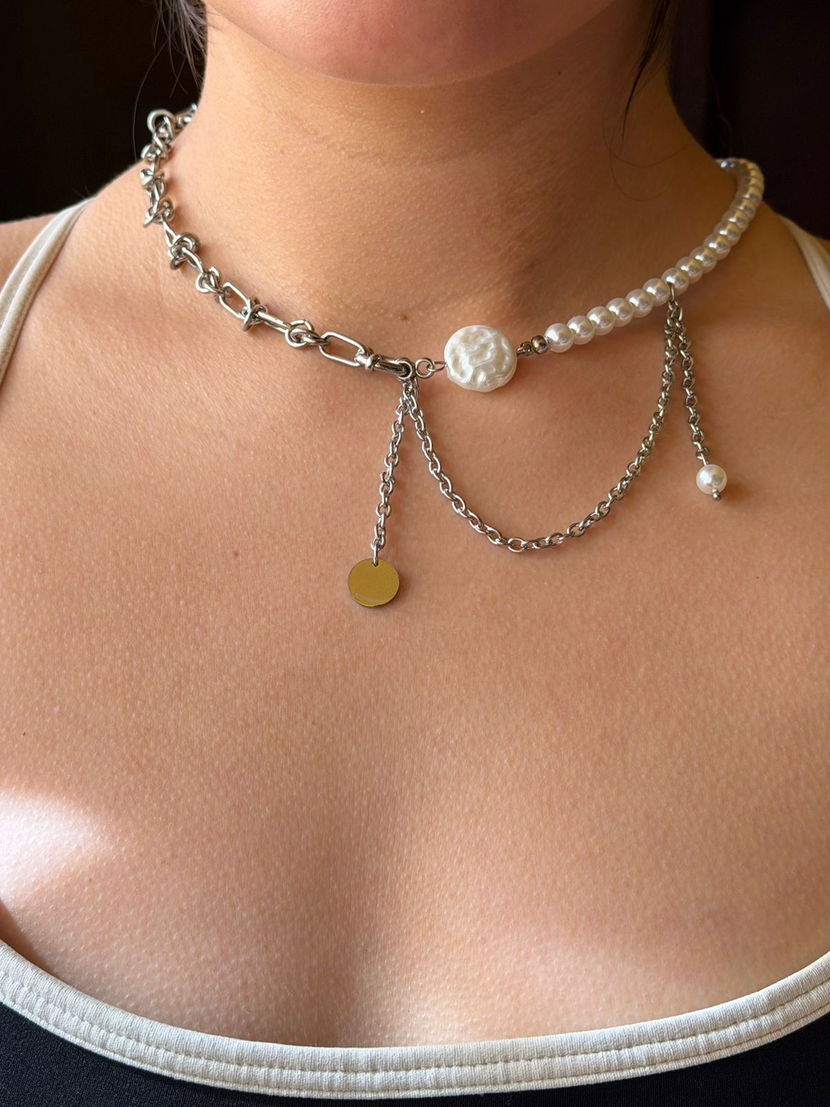COLLAR PERLAS CHUNKY PLATA