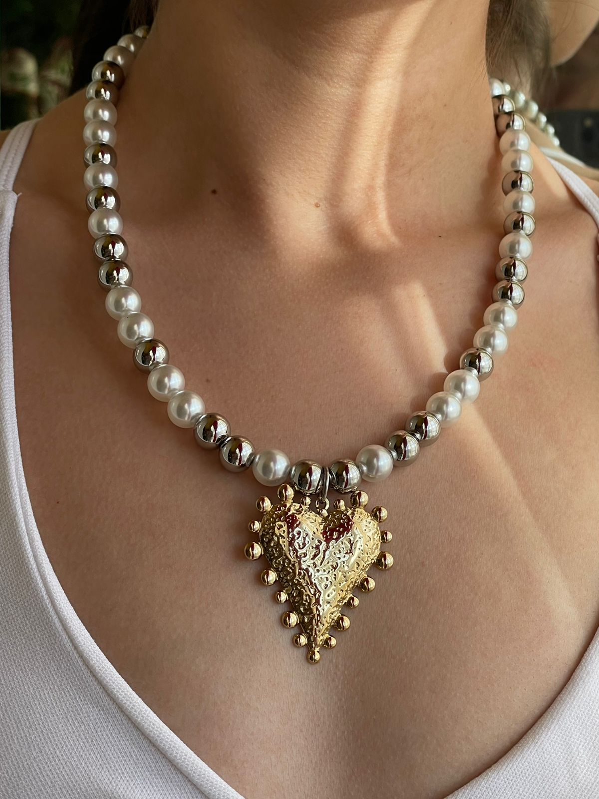 COLLAR CHUNKY APERLADO PLATA